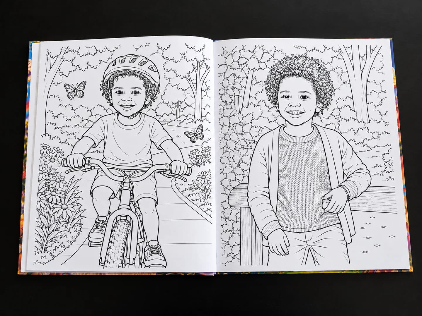 Open kleurboek met twee kleurplaten van Liam, waaronder de kleurplaat van zijn foto